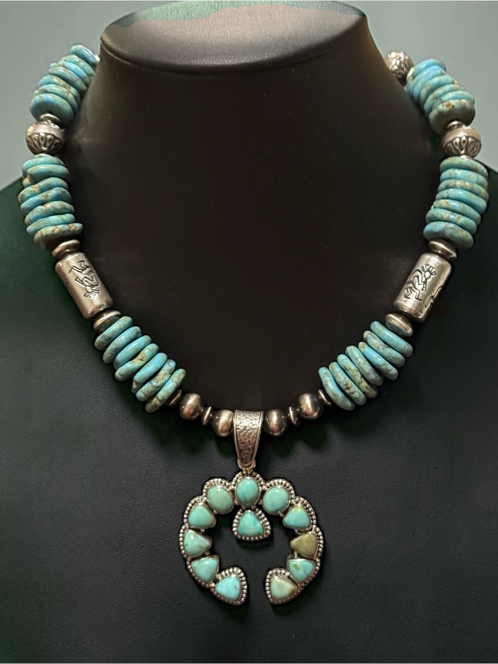 Sterling Silver Navajo Pearls Turquoise Squash Blossom Naja Pendant Necklace